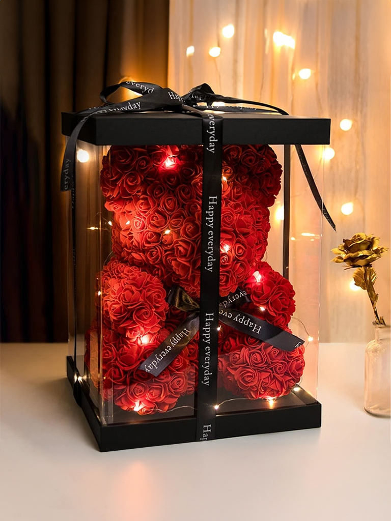 Rosen Teddybär Geschenk mit LED - Rot 23cm